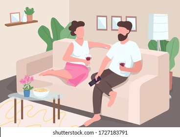 Home date flat color vector illustration. Boyfriend and girlfriend watch TV. Couple drink wine sitting on couch. Romantic partners 2D cartoon characters with interior on background