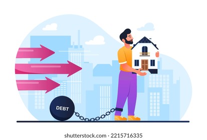 Home debt concept. Man stands in shackle with building in his hands. Metaphor of debt and financial illiteracy. Character pays mortgage interest. Poster or banner. Cartoon flat vector illustration