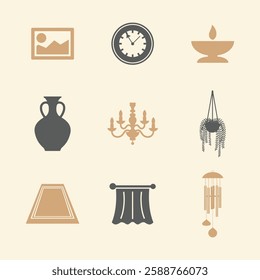 Home Decor and Accessories Icons Set. Editable vector icon. Perfect for web and app interfaces, presentations, info graphics, etc. in a Beige and Gray Color Scheme.
