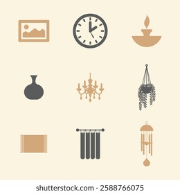 Home Decor and Accessories Icons Set. Editable vector icon. Perfect for web and app interfaces, presentations, info graphics, etc. in a Beige and Gray Color Scheme.
