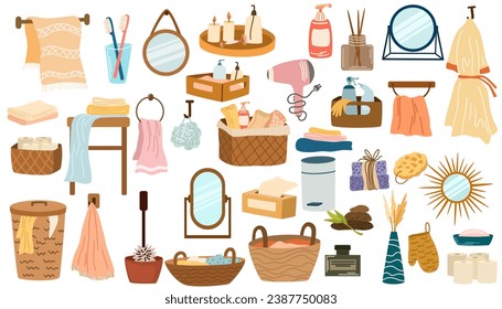 Decoración de casa para el cuarto de baño. Equipamiento de cuarto de baño de dibujos animados y accesorios de aseo, elementos de ducha y bañera, decoración de cuarto de higiene. Ilustraciones vectoriales planas