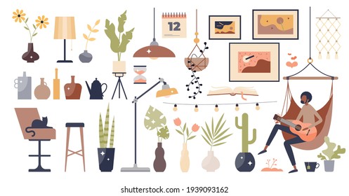 Home decor collection with interior design elements set tiny person concept. Stylish and cozy indoor decoration items with furniture, plants, lighting and atmosphere accessories vector illustration.