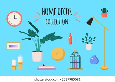 Home Decor Collection Set. Home decor elements, including a clock, plant pots, candles, lamps, a pillow, and decorative items. Stylish minimalist design with pastel colors on a light blue background. 