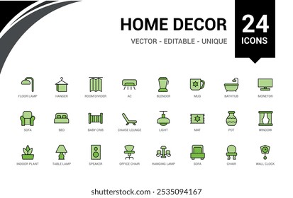 Home Decor colorful line web icon set. Containing decoration, interior designer, renovation, furniture and more. Minimal color icons. Editable vector stroke. Icon names are written in English.