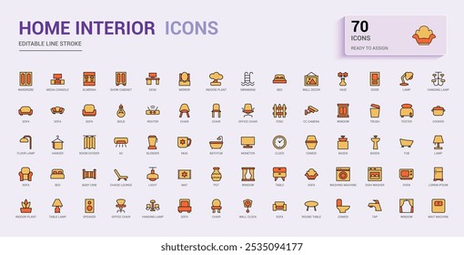 Home Decor colorful line web icon set. Containing decoration, interior designer, renovation, furniture and more. Minimal color icons. Editable vector stroke. Icon names are written in English.