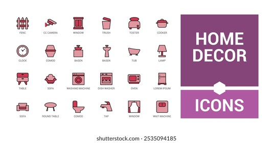 Home Decor colorful line web icon set. Containing decoration, interior designer, renovation, furniture and more. Minimal color icons. Editable vector stroke. Icon names are written in English.