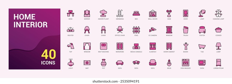 Home Decor colorful line web icon set. Containing decoration, interior designer, renovation, furniture and more. Minimal color icons. Editable vector stroke. Icon names are written in English.