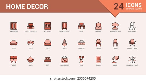 Home Decor colorful line web icon set. Containing decoration, interior designer, renovation, furniture and more. Minimal color icons. Editable vector stroke. Icon names are written in English.