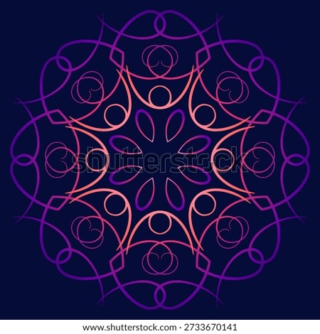 Home decor of deep purple shades. Ornate composition of swirls and curved lines. Colorful round geometry ethnic ornament on dark background. Ethnic mandala in shades of purple and red.