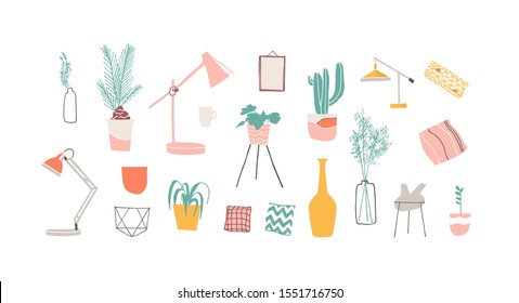 Home decor elements hand drawn illustrations set. Potted houseplants and cacti in stylish vases. Decorative pillows, table lamps and picture frame. Apartment interior isolated items.