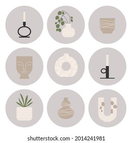 Home decor elements icon set. Interior design round sticker collection. Home fashionable minimal elegant decorative elements: vase, flowerpot, candle holder chandelier. Scandinavian beige flat vector.