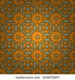 Home decor, embroidery. Seamless pattern with fantasy mandalas, blue, orange and yellow floral decoration curl illustration. Vector paisley print elements.
