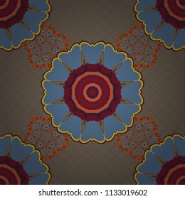 Home decor, embroidery. Seamless pattern with fantasy mandalas, gray, red and brown floral decoration curl illustration. Vector paisley print elements.