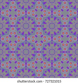 Home decor, embroidery. Seamless pattern with fantasy mandalas, gray, violet and yellow floral decoration curl illustration. Vector paisley print elements.
