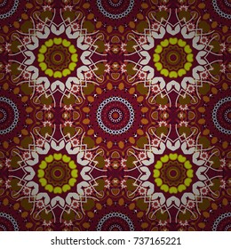 Home decor, embroidery. Seamless pattern with fantasy mandalas, brown, neutral and red floral decoration curl illustration. Vector paisley print elements.