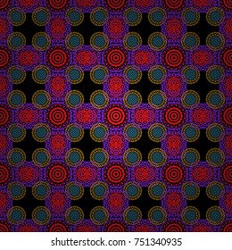 Home decor, embroidery. Seamless pattern with fantasy mandalas, black, red and violet floral decoration curl illustration. Vector paisley print elements.