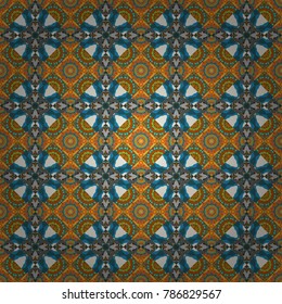 Home decor, embroidery. Seamless pattern with fantasy mandalas, blue, green and orange floral decoration curl illustration. Vector paisley print elements.