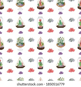 Home decor with florarium. Vector seamless pattern.