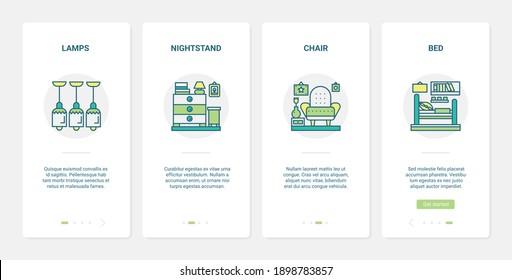 Home decor furniture collection vector illustration. UX, UI onboarding mobile app page screen set with line decorative furnishing interior object for bedroom, living room, lamp bedside table chair bed