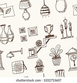 Home decor hand drawn doodle seamless pattern. Sketches. Vector illustration for design and packages product. Symbol collection.
