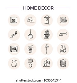 Home decor hand drawn doodle set. Sketches. Vector illustration for design and packages product. Symbol collection.