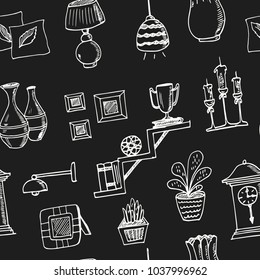 Home decor hand drawn doodle seamless pattern. Sketches. Vector illustration for design and packages product. Symbol collection.