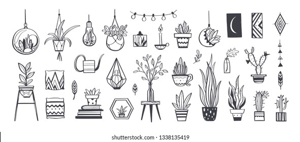 Home decor and House plants vector hand drawn set. Home decorations and interior design elements.Isolated boho and scandinavian cartoon sketches