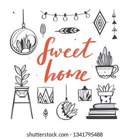 Home decor and House plants vector hand drawn set. Home decorations and interior design elements.Isolated boho and scandinavian cartoon sketches