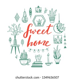Home decor and House plants vector hand drawn set. Home decorations and interior design elements.Isolated boho and scandinavian cartoon sketches