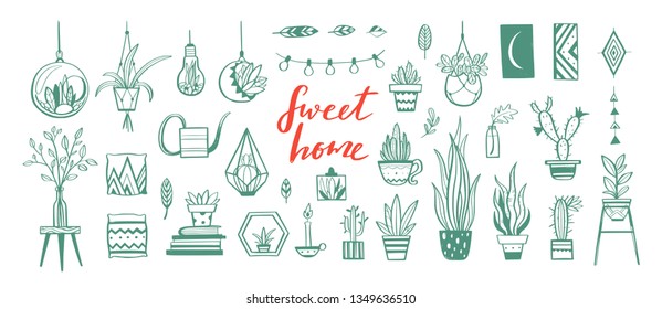 Home decor and House plants vector hand drawn set. Home decorations and interior design elements.Isolated boho and scandinavian cartoon sketches