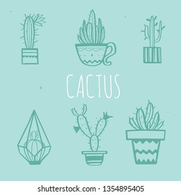 Home decor and House plants vector hand drawn set. Cactus and interior design elements.Isolated boho and scandinavian cartoon sketches