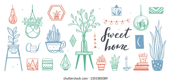 Home decor and House plants vector hand drawn set. Home decorations and interior design elements.Isolated boho and scandinavian cartoon sketches