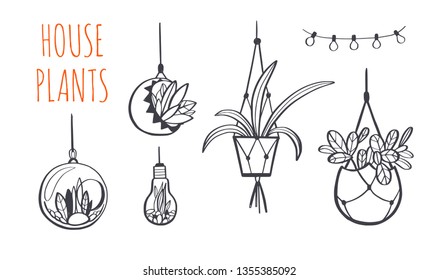 Home decor and House plants vector hand drawn set. Home decorations and interior design elements.Isolated boho and scandinavian cartoon sketches