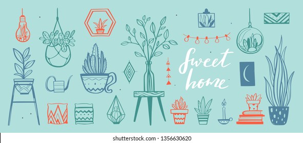 Home decor and House plants vector hand drawn set. Home decorations and interior design elements.Isolated boho and scandinavian cartoon sketches
