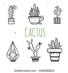 Home decor and House plants vector hand drawn set. Cactus and interior design elements.Isolated boho and scandinavian cartoon sketches