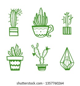 Home decor and House plants vector hand drawn set. Cactus and interior design elements.Isolated boho and scandinavian cartoon sketches