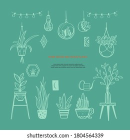 Home decor and House plants vector hand drawn set. Home decorations and interior design elements.Isolated boho and scandinavian cartoon sketches