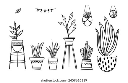 Home decor and House plants vector hand drawn set. Home decorations and interior design elements.Isolated boho and scandinavian cartoon sketches