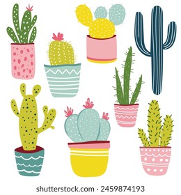 Home decor, houseplants and cacti in stylish pot. Vector illustration