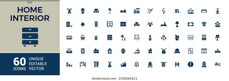 Home Decor icon pack. Includes flat solid decor, carpentry, renovation, decoration, construction, interior designer and more. Modern flat icons. Editable glyph. Vector illustration.