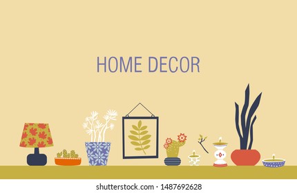Home decor icon set in cartoon cute style drawing. Home plants, frame, candlesticks, lamp. Vector illustration for web, card, poster, cover, tag, invitation, sticker kit.
