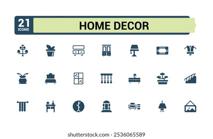 Home Decor icon set. Featuring furniture, decoration, carpentry, interior designer, renovation, home interior and more. Simple web icons pack. Vector filled icons collection.