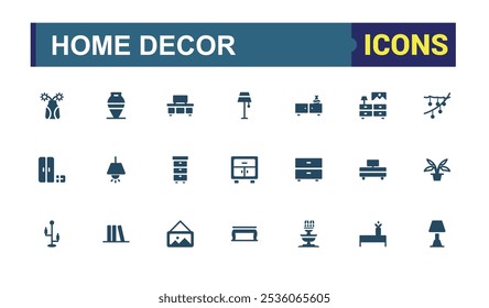 Home Decor icon set. Featuring furniture, decoration, carpentry, interior designer, renovation, home interior and more. Simple web icons pack. Vector filled icons collection.