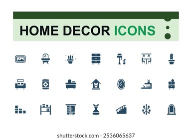 Home Decor icon set. Featuring furniture, decoration, carpentry, interior designer, renovation, home interior and more. Simple web icons pack. Vector filled icons collection.