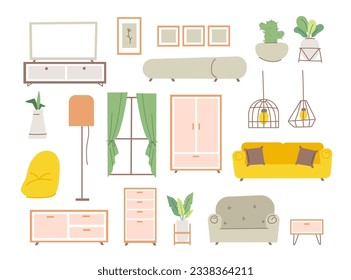 Home decor icon set, furniture interior decoration vector image