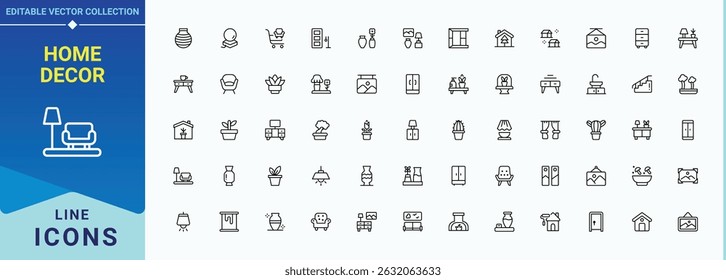 Home Decor icon set. Minimal icons collection. Includes thin line symbols apartment, kitchen, house, home, sofa. Pictogram and infographic. Indoor line icon set.