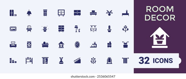 Home Decor icons in filled style. Containing home interior, construction, carpentry, interior designer, decoration, furniture and more. Filled icon collections. Editable glyph. Vector illustration.