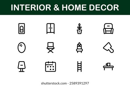 Home Decor and Interior Design Icon Pack. Perfect Icons for Living Spaces, Decoration, and Home Styling