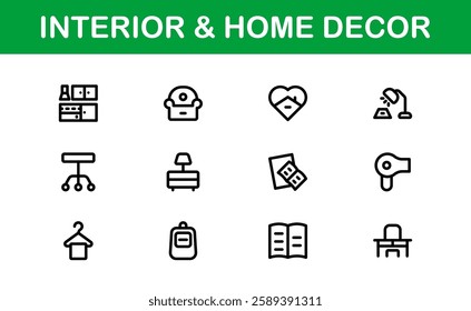 Home Decor and Interior Design Icon Pack. Perfect Icons for Living Spaces, Decoration, and Home Styling