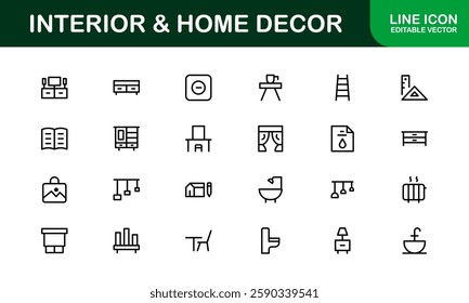 Home Decor and Interior Design Icon Pack. Perfect Icons for Living Spaces, Decoration, and Home Styling